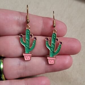 Southwest pink and green cactus gold tone enamel earrings